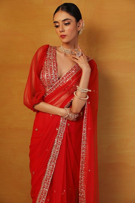 Esha Koul_Orange Net V Neck Embroidered Saree With Blouse _Online_at_Aza_Fashions
