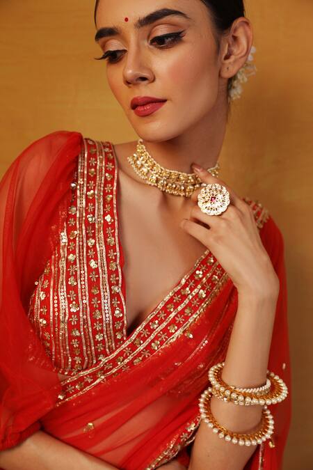 Buy_Esha Koul_Orange Net V Neck Embroidered Saree With Blouse _Online_at_Aza_Fashions