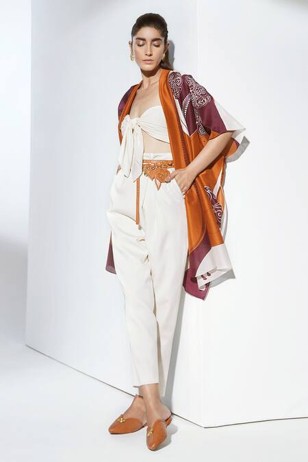 Buy_Ampm_Brown Chanderi Printed Cape_Online_at_Aza_Fashions