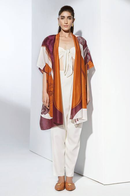 Ampm_Brown Chanderi Printed Cape_Online_at_Aza_Fashions