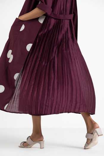 Shop_Three_Purple Cotton Poplin Dress Round Neck Polka Dot Jacket With_Online_at_Aza_Fashions