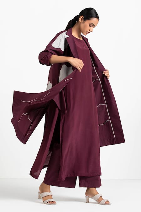Three_Purple Crepe, Cotton Poplin Notched Lapel Applique Jacket And Flared Pant Set_Online_at_Aza_Fashions
