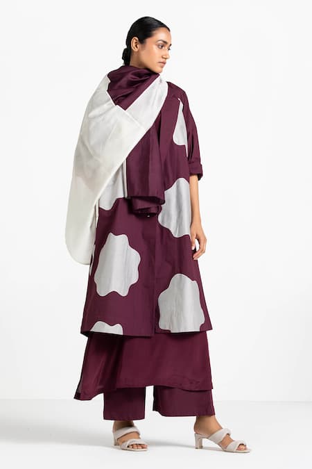 Buy_Three_Purple Crepe, Cotton Poplin Notched Lapel Applique Jacket And Flared Pant Set_Online_at_Aza_Fashions