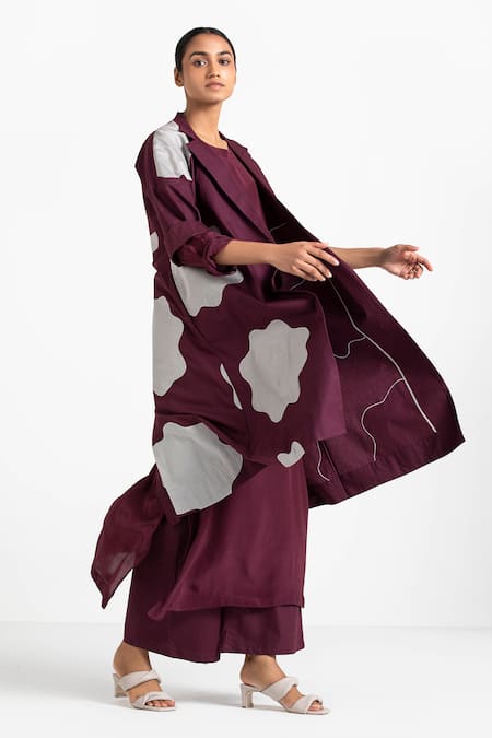 Shop_Three_Purple Crepe, Cotton Poplin Notched Lapel Applique Jacket And Flared Pant Set_Online_at_Aza_Fashions