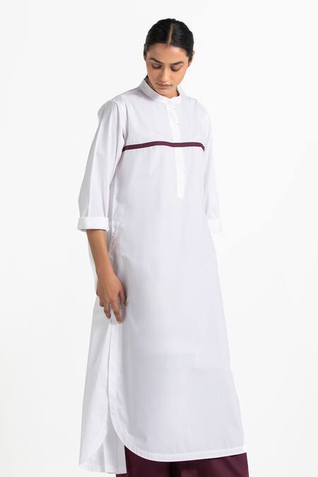 Buy_Three_White Cotton Poplin Mandarin Collar Pleated Tunic And Flared Pant Set_Online_at_Aza_Fashions