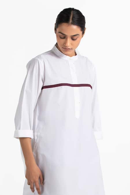 Shop_Three_White Cotton Poplin Mandarin Collar Pleated Tunic And Flared Pant Set_Online_at_Aza_Fashions