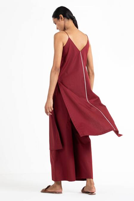 Shop_THREE_Red Cotton Poplin Embroidery V Neck Striped Tunic And Pant Set _at_Aza_Fashions