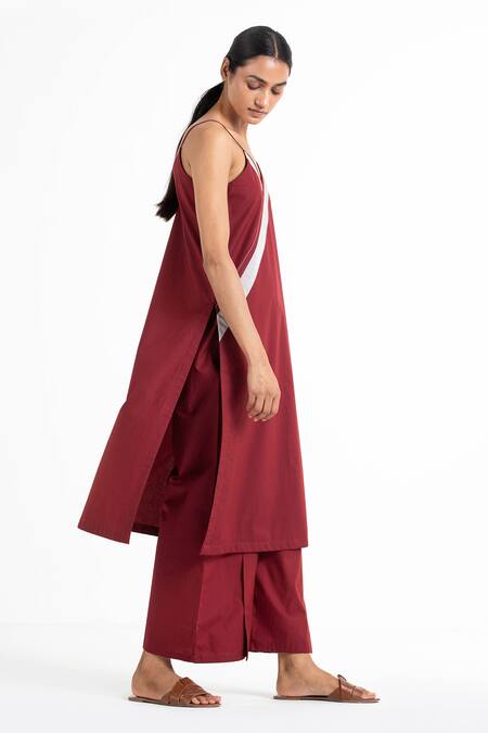 THREE_Red Cotton Poplin Embroidery V Neck Striped Tunic And Pant Set _Online_at_Aza_Fashions