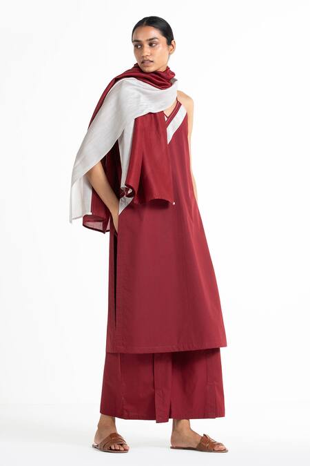 Buy_THREE_Red Cotton Poplin Embroidery V Neck Striped Tunic And Pant Set _Online_at_Aza_Fashions