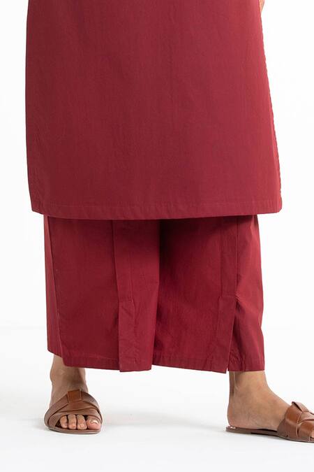 Shop_THREE_Red Cotton Poplin Embroidery V Neck Striped Tunic And Pant Set _Online_at_Aza_Fashions