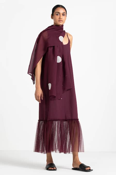 Buy Three Purple Cotton Poplin U Neck Flounce Slip Dress at Aza Fashions Buy_Three_Purple Cotton Poplin U Neck Flounce Slip Dress_at_Aza_Fashions