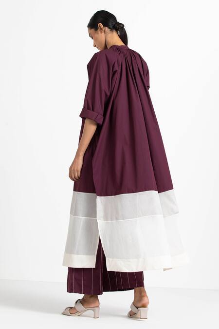 Shop Three Maroon Chanderi, Cotton Poplin Band Collar Panelled Gathered Tunic at Aza Fashions Shop_Three_Maroon Chanderi, Cotton Poplin Band Collar Panelled Gathered Tunic_at_Aza_Fashions