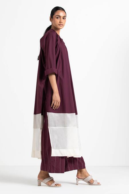 Three Maroon Chanderi, Cotton Poplin Band Collar Panelled Gathered Tunic Online at Aza Fashions Three_Maroon Chanderi, Cotton Poplin Band Collar Panelled Gathered Tunic_Online_at_Aza_Fashions