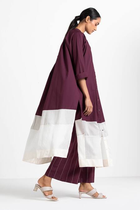 Buy Three Maroon Chanderi, Cotton Poplin Band Collar Panelled Gathered Tunic Online at Aza Fashions Buy_Three_Maroon Chanderi, Cotton Poplin Band Collar Panelled Gathered Tunic_Online_at_Aza_Fashions