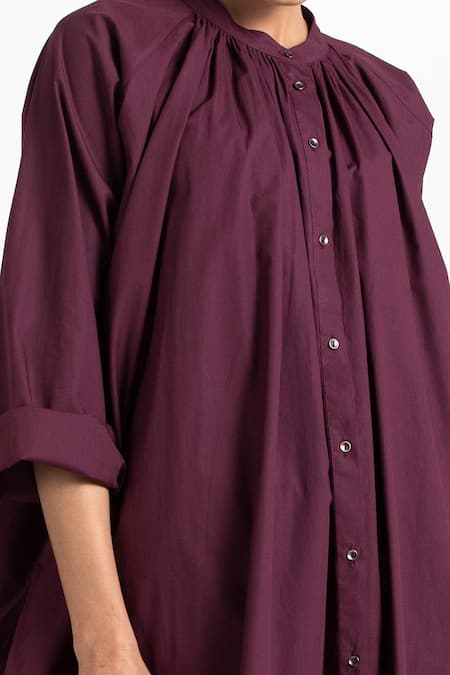 Shop Three Maroon Chanderi, Cotton Poplin Band Collar Panelled Gathered Tunic Online at Aza Fashions Shop_Three_Maroon Chanderi, Cotton Poplin Band Collar Panelled Gathered Tunic_Online_at_Aza_Fashions