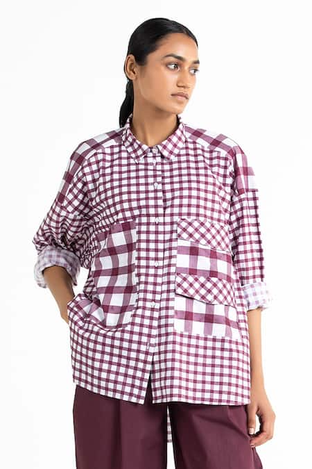 THREE Purple Cotton Poplin Checkered Shirt