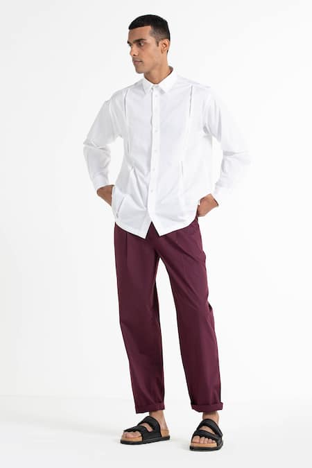 THREE White 100% Cotton Poplin Pleated Shirt And Pant Set 