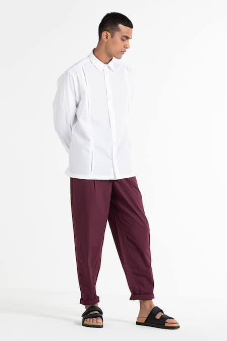 Three_White Twill, 100% Poplin Pleated Shirt And Pant Set _Online_at_Aza_Fashions