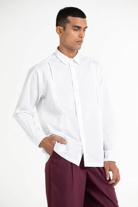 Buy_Three_White Twill, 100% Poplin Pleated Shirt And Pant Set _Online_at_Aza_Fashions