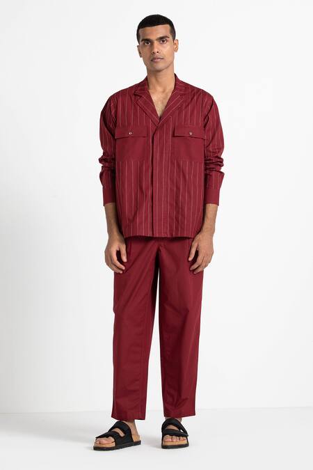 Three_Red 100% Cotton Poplin Embroidered Shirt And Pant Set _Online_at_Aza_Fashions