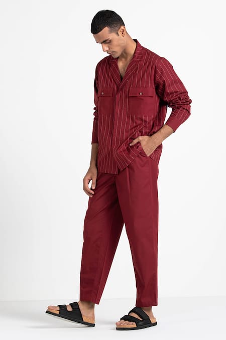 Buy_Three_Red 100% Cotton Poplin Embroidered Shirt And Pant Set _Online_at_Aza_Fashions