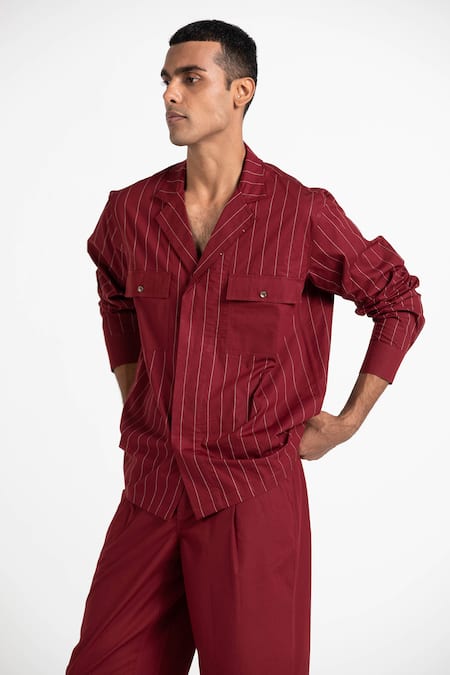 Shop_Three_Red 100% Cotton Poplin Embroidered Shirt And Pant Set _Online_at_Aza_Fashions