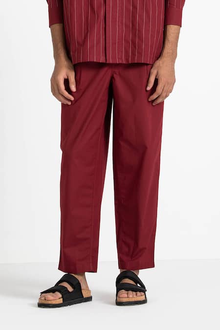 Three_Red 100% Cotton Poplin Embroidered Shirt And Pant Set _at_Aza_Fashions