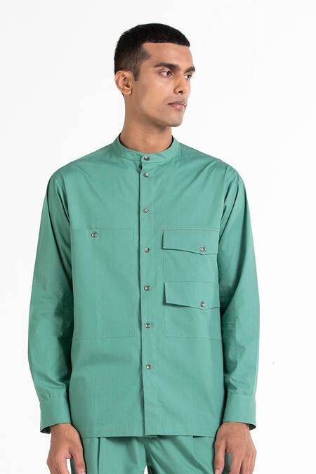 Three_Green 100% Cotton Poplin Regular Fit Shirt And Pant Set _Online_at_Aza_Fashions