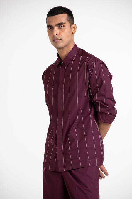 Three_Maroon 100% Cotton Poplin Embroidered Shirt And Pant Set _Online_at_Aza_Fashions