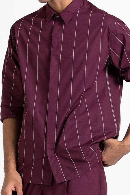 Buy_Three_Maroon 100% Cotton Poplin Embroidered Shirt And Pant Set _Online_at_Aza_Fashions
