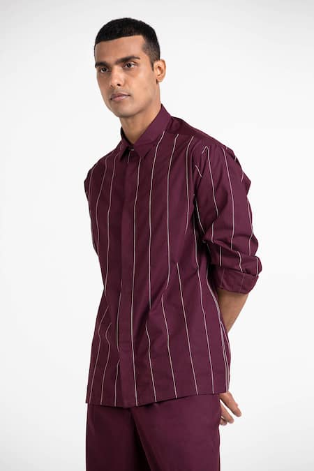 Buy_Three_Maroon 100% Cotton Poplin Embroidered Shirt _Online_at_Aza_Fashions