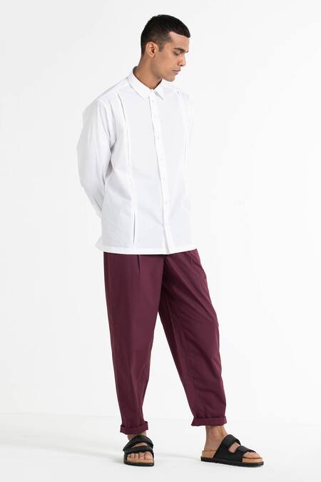 Three White 100% Cotton Poplin Pleated Shirt Online at Aza Fashions Three_White 100% Cotton Poplin Pleated Shirt _Online_at_Aza_Fashions