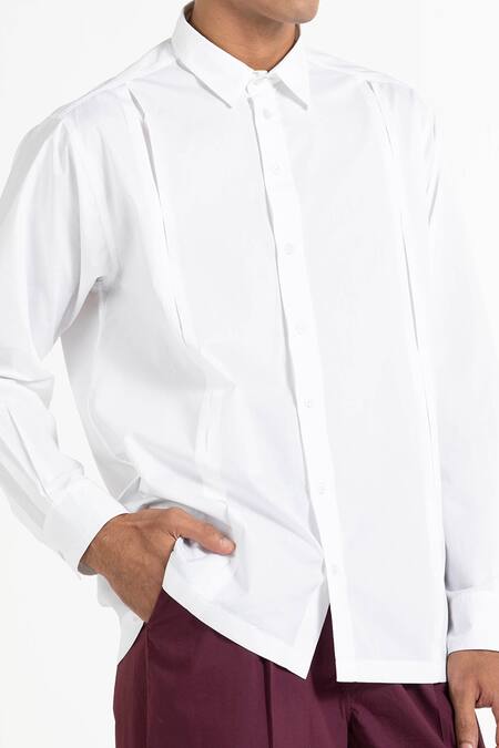Shop Three White 100% Cotton Poplin Pleated Shirt Online at Aza Fashions Shop_Three_White 100% Cotton Poplin Pleated Shirt _Online_at_Aza_Fashions