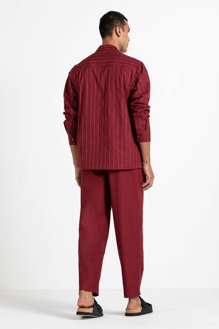 Shop Three Red 100% Cotton Poplin Embroidered Shirt at Aza Fashions Shop_Three_Red 100% Cotton Poplin Embroidered Shirt _at_Aza_Fashions