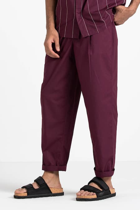 Three_Maroon Cotton Poplin Front Pleated Pant _Online_at_Aza_Fashions