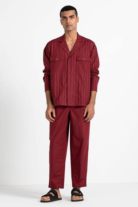 Three_Red Cotton Poplin Front Pleated Pant  _Online_at_Aza_Fashions