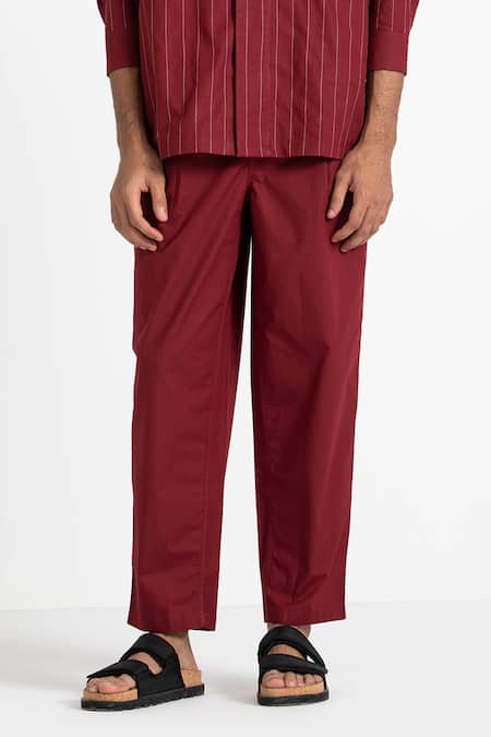 Shop_Three_Red Cotton Poplin Front Pleated Pant  _Online_at_Aza_Fashions