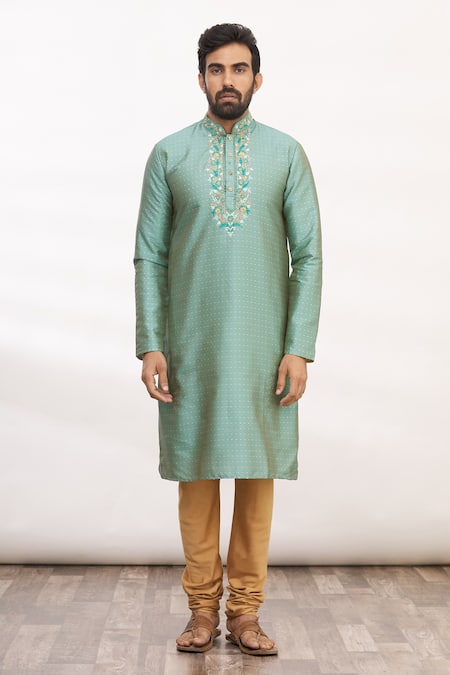 Arihant Rai Sinha_Gold Silk Embroidery Straight Kurta Set _Online_at_Aza_Fashions