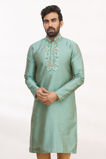 Shop_Arihant Rai Sinha_Gold Silk Embroidery Straight Kurta Set _Online_at_Aza_Fashions