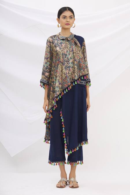 Neeta Lulla_Blue Printed Asymmetric Kurta And Pant Set _Online_at_Aza_Fashions