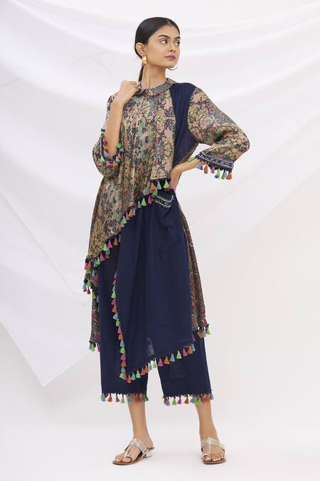 Buy_Neeta Lulla_Blue Printed Asymmetric Kurta And Pant Set _Online_at_Aza_Fashions