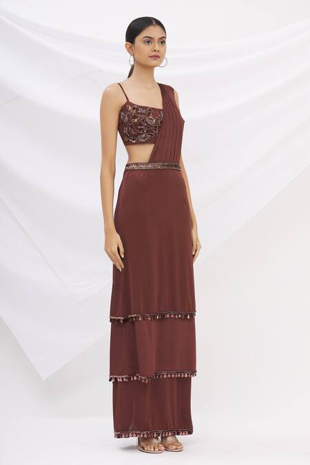 Neeta Lulla_Brown Lycra Embroidery Square Layered Pre-draped Saree With Blouse _Online_at_Aza_Fashions