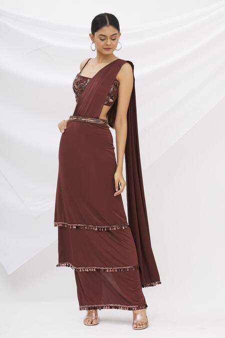 Buy_Neeta Lulla_Brown Lycra Embroidery Square Layered Pre-draped Saree With Blouse _Online_at_Aza_Fashions