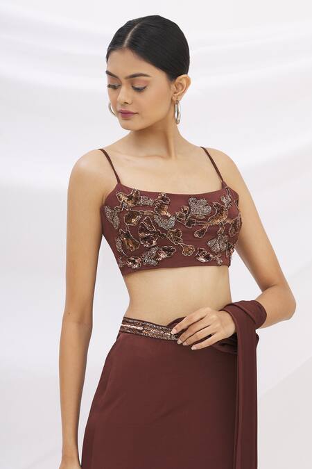 Shop_Neeta Lulla_Brown Lycra Embroidery Square Layered Pre-draped Saree With Blouse _Online_at_Aza_Fashions