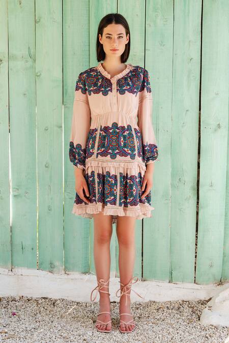 Buy_Shruti Sancheti_Pink Crepe Round Printed Frill Dress_Online_at_Aza_Fashions