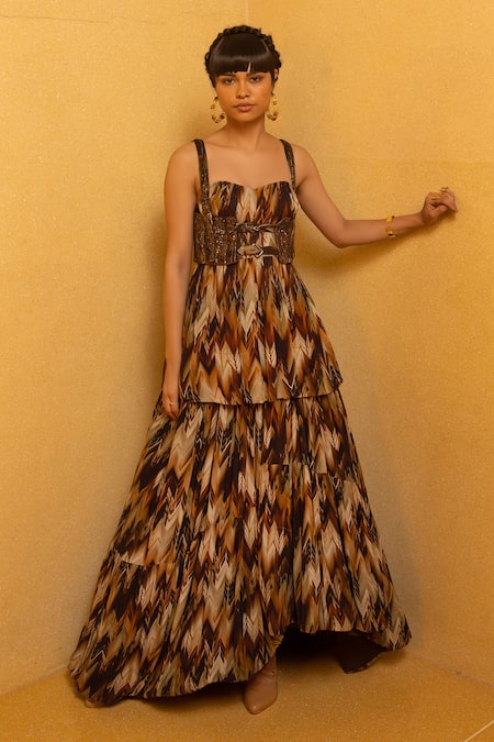 Shop_Nikita Mhaisalkar_Brown Georgette Sweetheart Neck Printed Tube Tunic_Online_at_Aza_Fashions