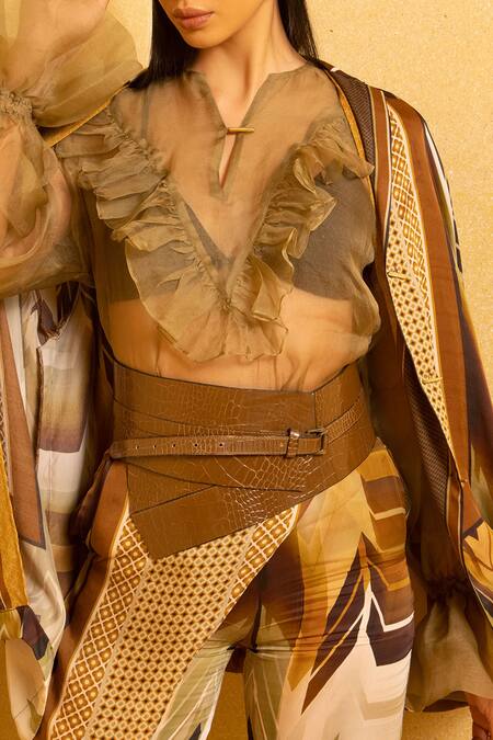 Buy_Nikita Mhaisalkar_Brown Satin Printed Shirt_Online_at_Aza_Fashions