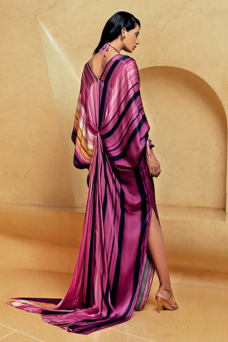 Shop Nikita Mhaisalkar Purple Satin V Neck Printed Kaftan at Aza Fashions Shop_Nikita Mhaisalkar_Purple Satin V Neck Printed Kaftan_at_Aza_Fashions