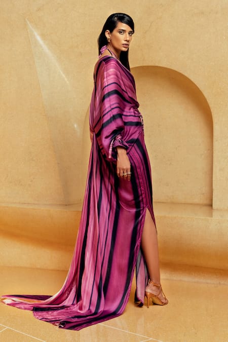 Nikita Mhaisalkar Purple Satin V Neck Printed Kaftan Online at Aza Fashions Nikita Mhaisalkar_Purple Satin V Neck Printed Kaftan_Online_at_Aza_Fashions