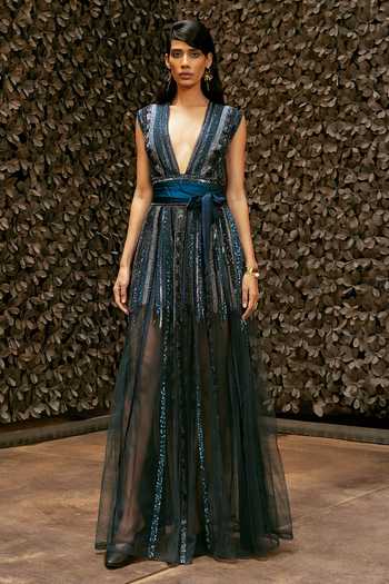 Shail K - 12103 Plunging V-Neck Embellished Tulle Gown